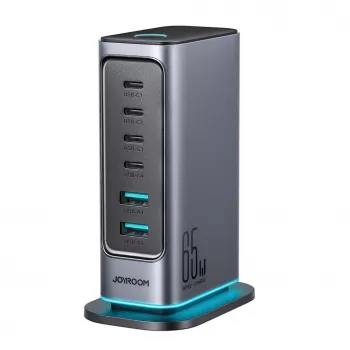 Joyroom JR-TCM02 GaN 65W kelių prievadų įkroviklis 4x USB-C 2x USB-A EU kištukas tamsiai pilkas