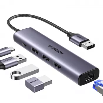 UGREEN 5-in-1 USB-A Hub iki 3x USB 3.0 + RJ45 + USB-C (sidabrinis)