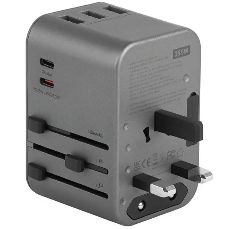 ENERGEA Travelworld 35.5W 3A2C USB įkroviklis su US/EU/UK/AU kištukais, Gunmetal