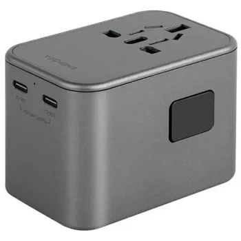 ENERGEA Travelworld Adapter GaN65W 65W 1xUSB-A 2xUSB-C PD PPS QC 3.0 Interchangeable Plugs US/EU/UK Gunmetal Grey