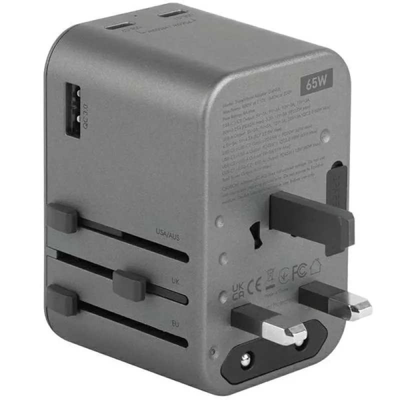 ENERGEA Travelworld Adapter GaN65W 65W 1xUSB-A 2xUSB-C PD PPS QC 3.0 Interchangeable Plugs US/EU/UK Gunmetal Grey
