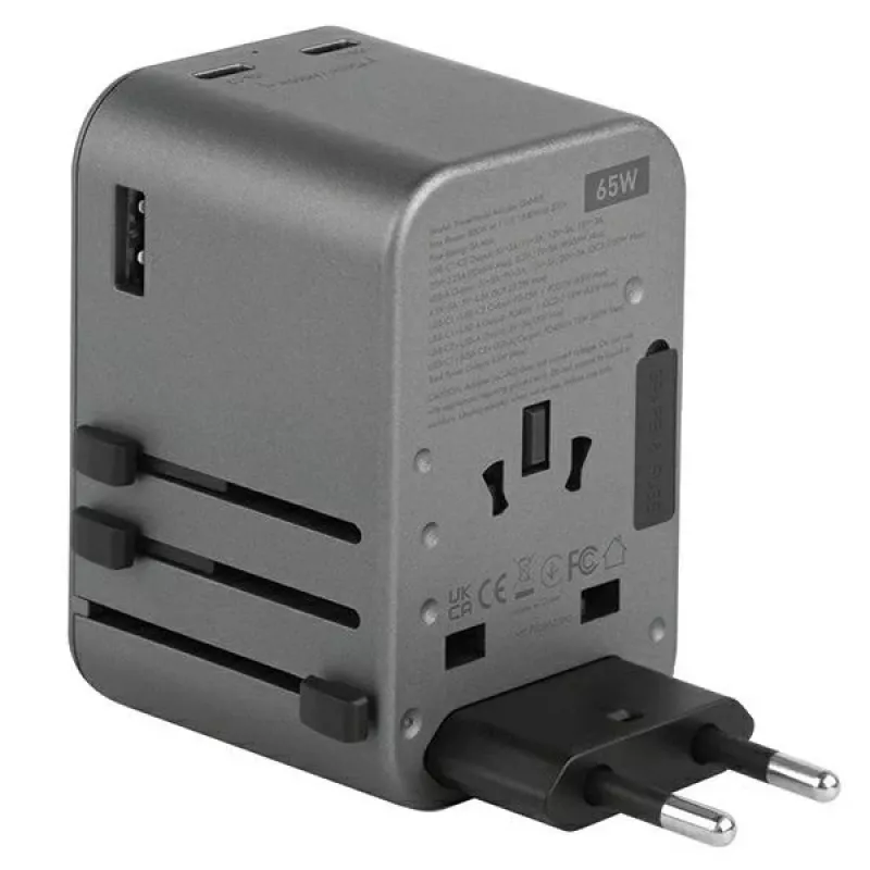 ENERGEA Travelworld Adapter GaN65W 65W 1xUSB-A 2xUSB-C PD PPS QC 3.0 Interchangeable Plugs US/EU/UK Gunmetal Grey