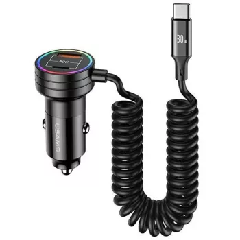 USAMS automobilinis įkroviklis 60W 2xUSB-C 1xUSB-A su spiraliniu kabeliu Fast Charge PD QC juodas CC167CC01