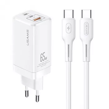 USAMS GaN 65W USB-C įkroviklis MTXLOGTC02 Baltas su 100W USB-C kabeliu