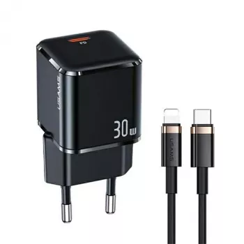 USAMS T45 30W PD3.0 USB-C greitasis įkroviklis su U63 USB-C–Lightning laidu, juodas, UXTZH01