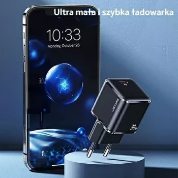 USAMS T45 30W PD3.0 USB-C greitasis įkroviklis su U63 USB-C–Lightning laidu, juodas, UXTZH01