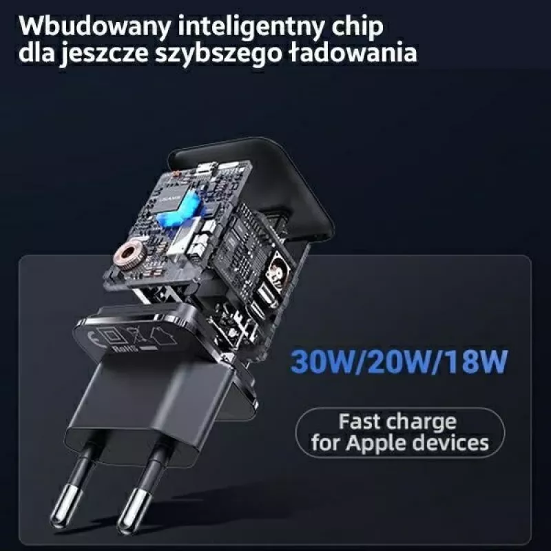 USAMS T45 30W PD3.0 USB-C greitasis įkroviklis su U63 USB-C–Lightning laidu, juodas, UXTZH01