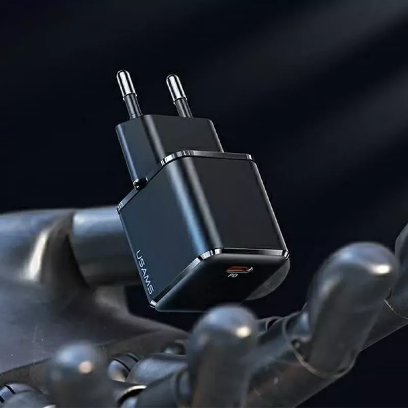 USAMS T45 30W PD3.0 USB-C greitasis įkroviklis su U63 USB-C–Lightning laidu, juodas, UXTZH01