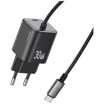 USAMS 30W GaN Fast Charger su USB-C laidu (Juodas, EU kištukas) | Kur.lt