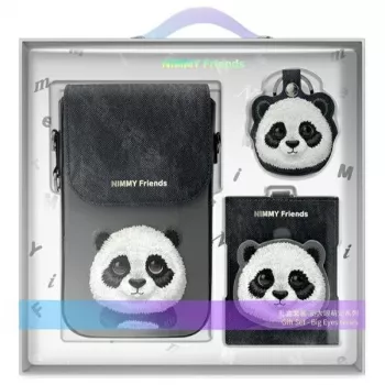 Nimmy 3-in-1 rinkinys: Telefono dėklas + Piniginė + Sekiklio dėklas, Juodas, Big Eyed Pet 2.0 Panda