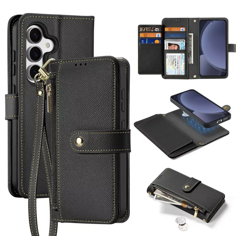 DUXDUCIS Lawa Leather Wallet Case for Samsung Galaxy S25+ su nuimama magnetine pinigine - Juoda