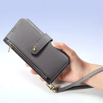 DUXDUCIS Lawa Leather Wallet Case for Samsung Galaxy S25+ su nuimama magnetine pinigine – Pilka