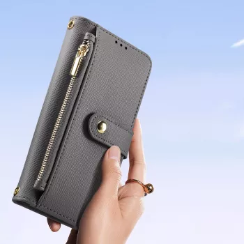 DUXDUCIS Lawa Leather Wallet Case for Samsung Galaxy S25+ su nuimama magnetine pinigine – Pilka