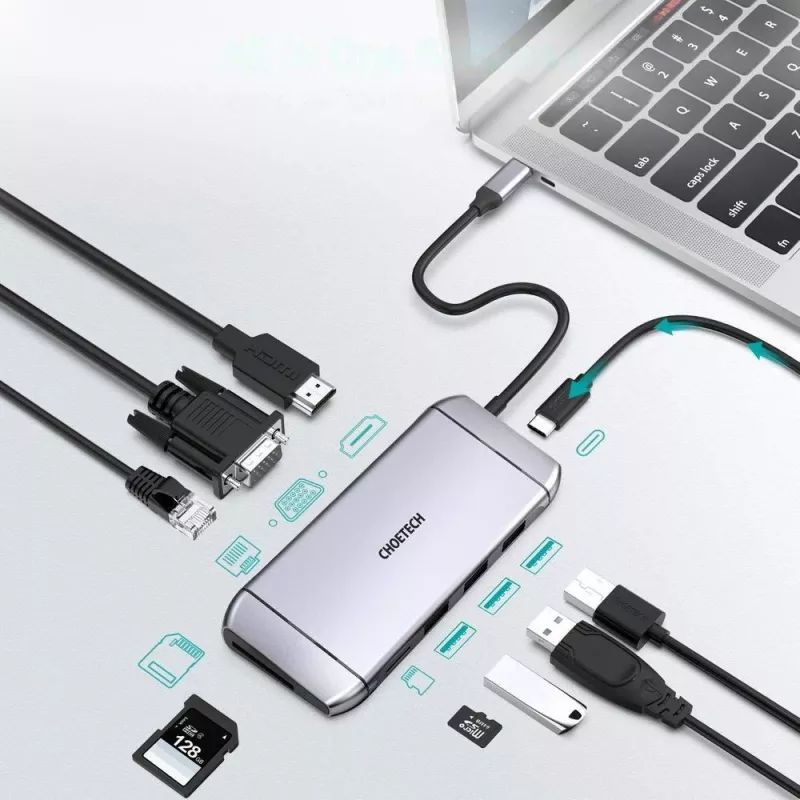 CHOETECH 9-in-1 USB-C Multifunction Hub - 3x USB 3.2 Gen 1, SD/TF Card Reader, HDMI 4K 30Hz, VGA Full HD 60Hz, USB-C PD, RJ45 Gigabit Ethernet, Gray (HUB-M15)