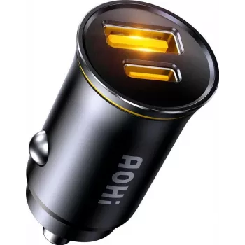 AOHi Superauto PD 65W GaN sieninis įkroviklis 1x USB-C 1x USB-A juodas