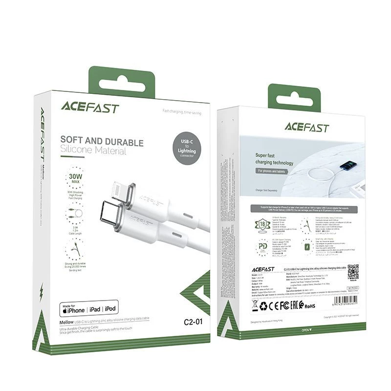 ACEFAST MFI USB-C to Lightning kabelis 1,2 m, 30 W, 3 A, juodas (C2-01)
