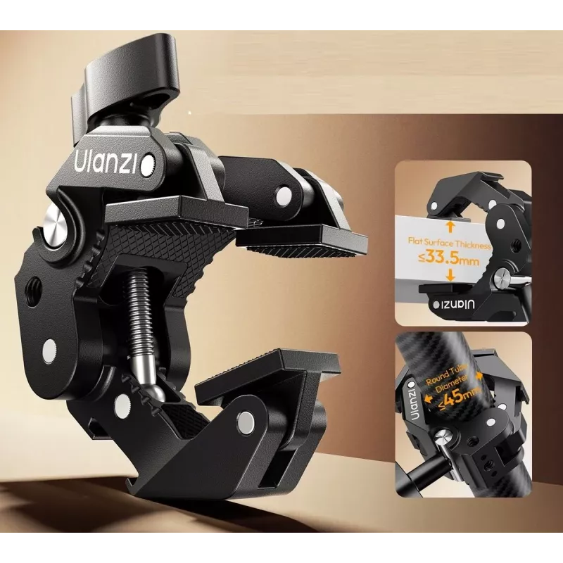 ULANZI EA03 Super Clamp (Crab Clamp) su 1/4 inch sriegiu ir Cold Shoe laikikliu, skirtas Magic Arm