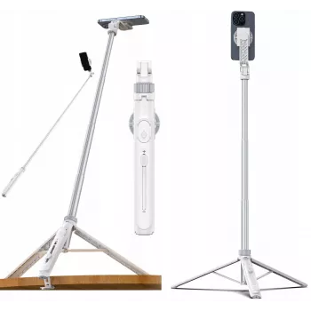 Ulanzi TT88 Selfie Stick Tripod su Bluetooth nuotolinio valdymo pulteliu ir papildomu apšvietimu, baltas