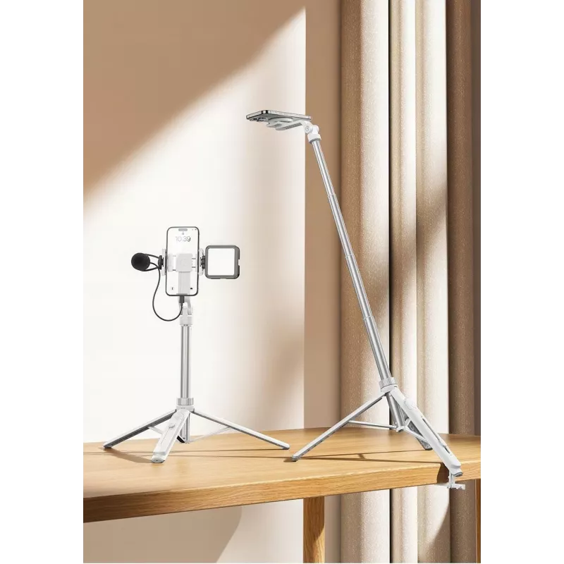 Ulanzi TT88 Selfie Stick Tripod su Bluetooth nuotolinio valdymo pulteliu ir papildomu apšvietimu, baltas