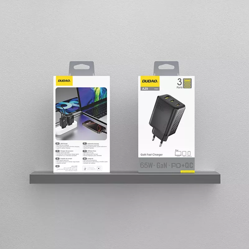 Dudao A29 65W GaN sieninis įkroviklis 2x USB-C + 1x USB-A juodas