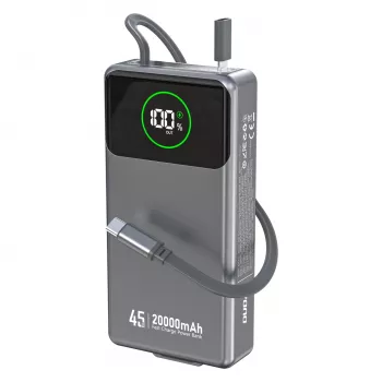 Powerbank Dudao K31 Pro 45W 20000mAh su įmontuotu ištraukiamu USB-C laidu – pilka