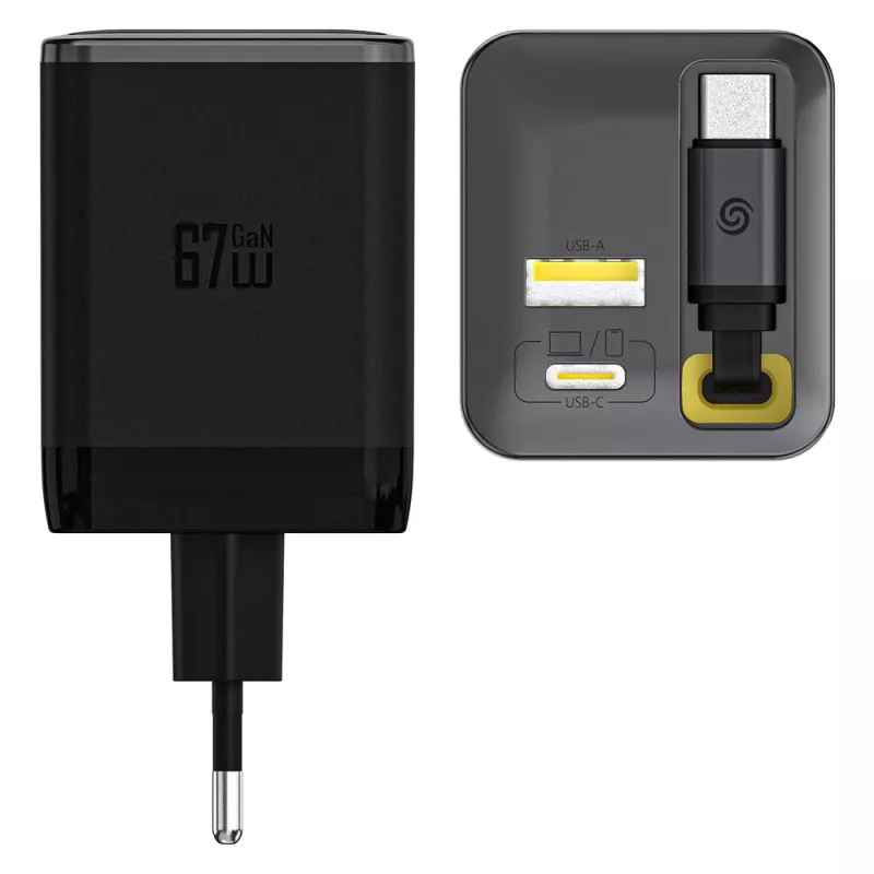 Dudao A67EU GaN 67W įkroviklis su integruotu ištraukiamu USB-C laidu, Power Delivery, Quick Charge – juodas