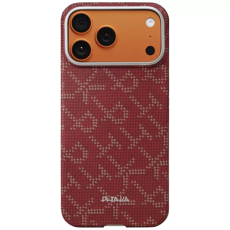 PITAKA Ultra-Slim Monogram MagSafe Case, skirta Apple iPhone 17 Pro, Gold Red