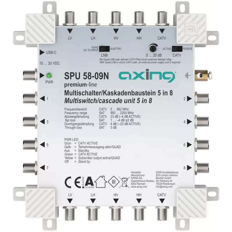 AXING SPU05809N aktyvus multiswitch 5 į 8, 4 SAT + 1 antžeminė, 8 abonentų išėjimai, DiSEqC 2.0, 18V DC