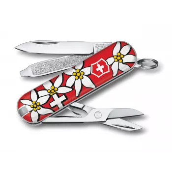 Victorinox Classic SD Printed kišeninis peiliukas, Edelweiss raštas, 58 mm, raudonas (0.6223.840)