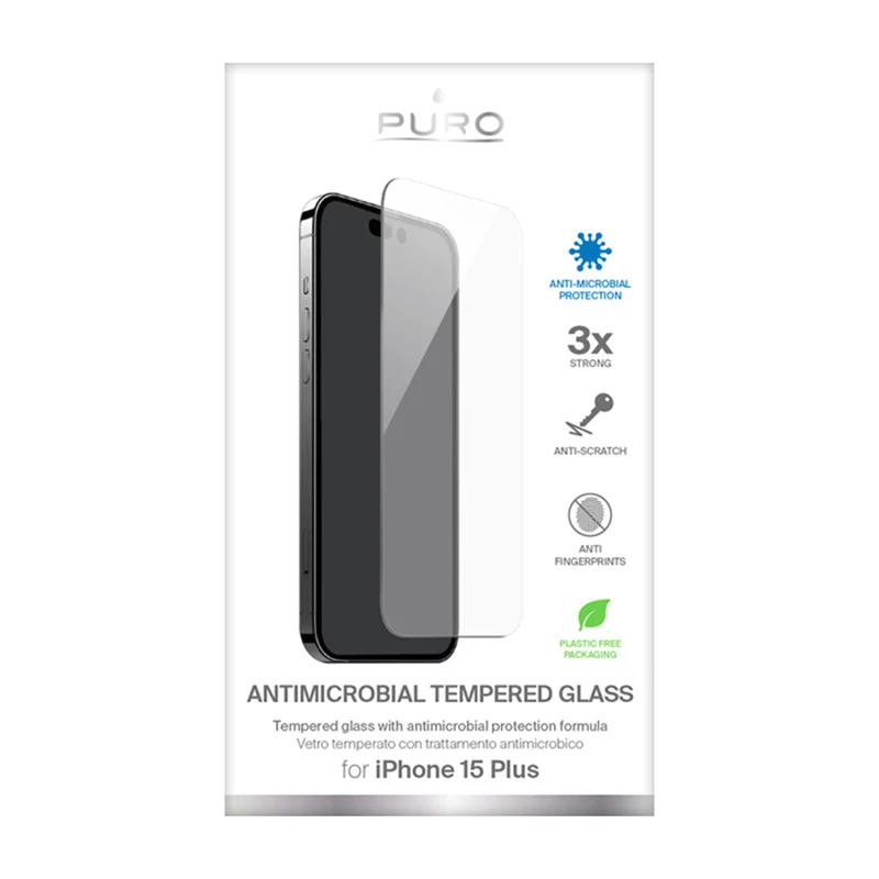 PURO Anti-Bacterial Tempered Glass Screen Protector for Apple iPhone 15 Plus
