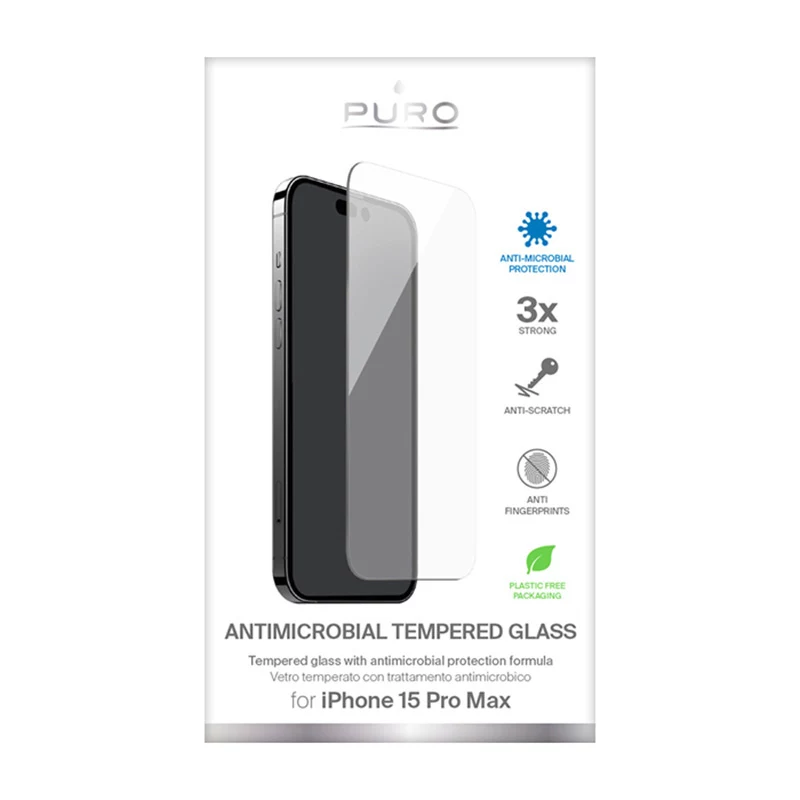 PURO Anti-Bacterial Tempered Glass Screen Protector, skirta Apple iPhone 15 Pro Max