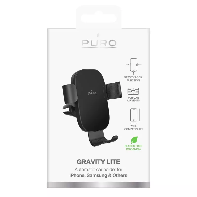 Puro Gravity Air Vent automobilinis telefono laikiklis – universalus išmaniojo telefono laikiklis, juodas
