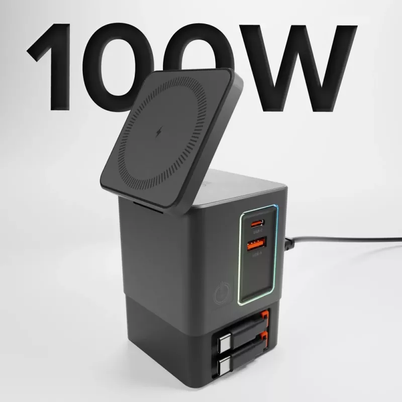 SBS Power Dock 6-in-1 įkrovimo stotelė su MagSafe, stovu ir USB-C laidais 65W – juoda