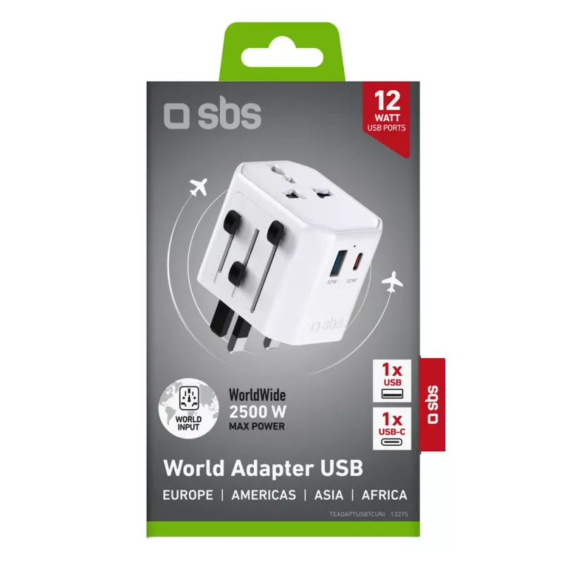 SBS TEADAPTUSBTCUNI Universalus kelionių adapteris USB-C USB-A Baltas