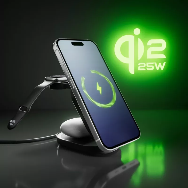SBS Qi2.2 25W Inductive 3-in-1 Foldable Charging Station with MFI Certification - Black