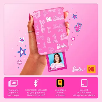 KODAK Step Slim Barbie Momentinė nuotraukų spausdintuvė – Bluetooth 5.0, ZINK Zero Ink technologija, 2x3 col. nuotraukos, Barbie rožinė
