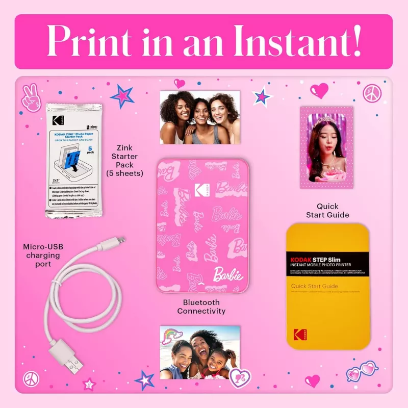 KODAK Step Slim Barbie Momentinė nuotraukų spausdintuvė – Bluetooth 5.0, ZINK Zero Ink technologija, 2x3 col. nuotraukos, Barbie rožinė