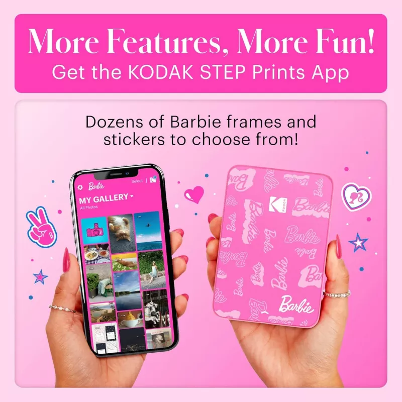 KODAK Step Slim Barbie Momentinė nuotraukų spausdintuvė – Bluetooth 5.0, ZINK Zero Ink technologija, 2x3 col. nuotraukos, Barbie rožinė
