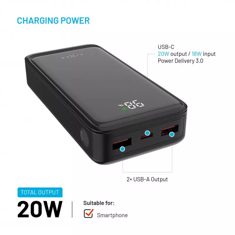 Nešiojamas įkroviklis Fixed Zen2 20, 20000 mAh, PD 20 W, LCD ekranas, juodas
