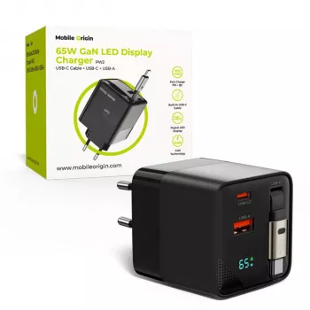 “Mobile Origin 65W GaN Įkroviklis su USB-C ištraukiamu kabeliu ir USB-A prievadu, 75 cm”
