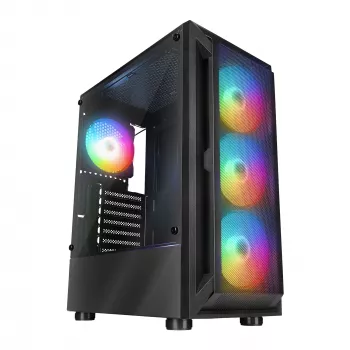 Rampage SHIVA Mid Tower PC Case su grūdinto stiklo langu ir 4x 120 mm Rainbow RGB ventiliatoriais, juoda