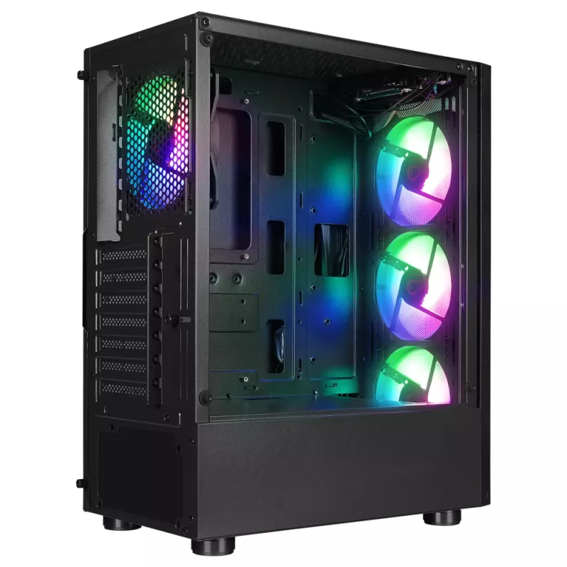 Rampage SHIVA Mid Tower PC Case su grūdinto stiklo langu ir 4x 120 mm Rainbow RGB ventiliatoriais, juoda