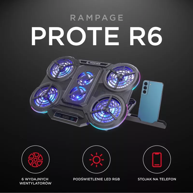 Rampage PROTE R6 nešiojamojo kompiuterio aušinimo stovas, 10-17 colių, RGB