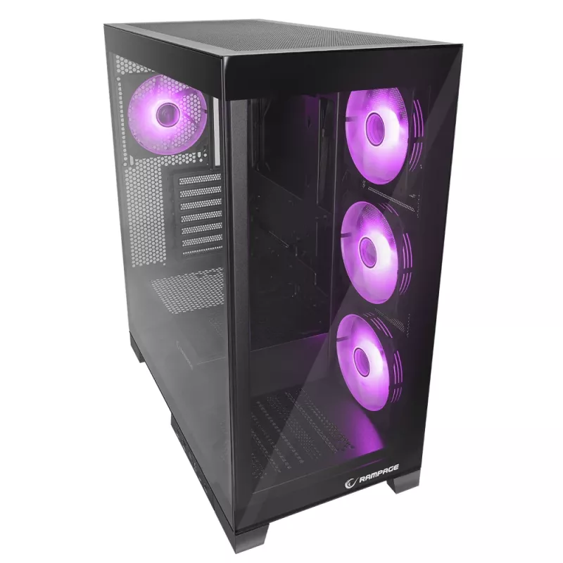 Rampage Hydra V2 Mid-Tower PC Case with 4x 120mm ARGB Fans, Tempered Glass, Black