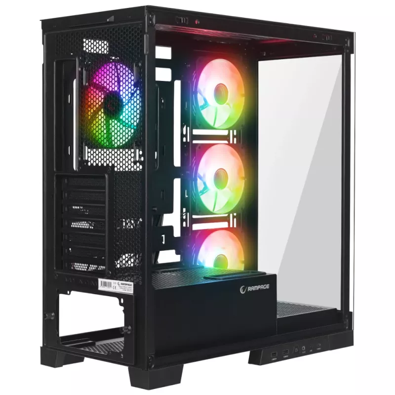 Rampage Hydra V2 Mid-Tower PC Case with 4x 120mm ARGB Fans, Tempered Glass, Black