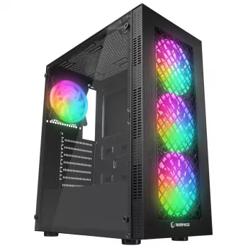 Rampage PLAID V1 Mid Tower PC Case su grūdinto stiklo langu ir 4x 120mm RGB ventiliatoriais, juodas