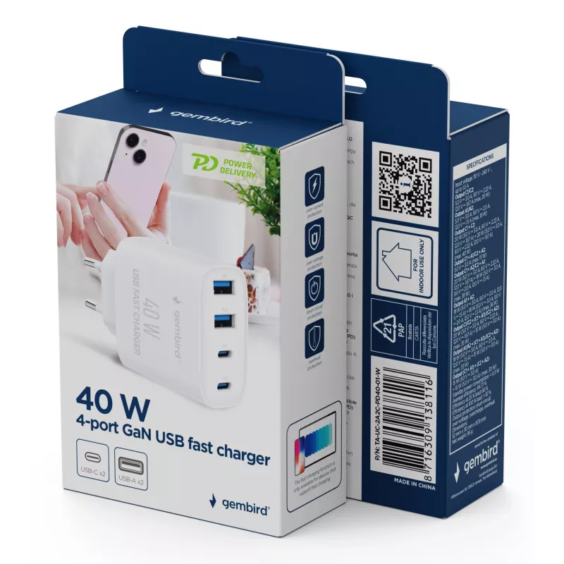 Gembird TA-UC-2A2C-PD40-01-W GaN USB PD 4 prievadų įkroviklis, 40 W, baltas
