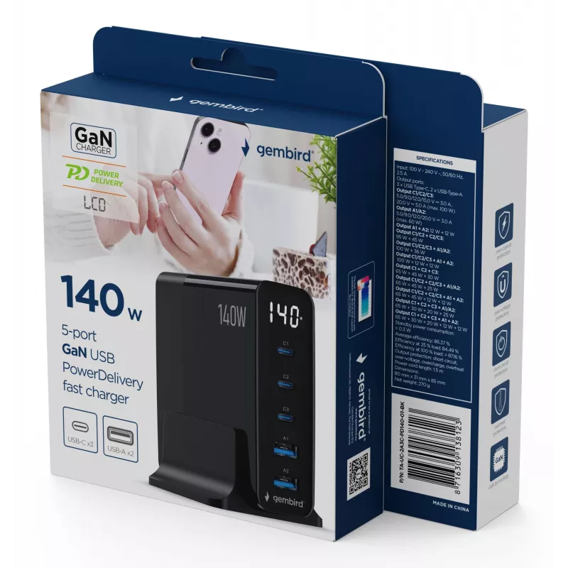 Gembird TA-UC-2A3C-PD140-01-BK GaN 5 prievadų USB-C ir USB-A greitasis įkroviklis, 140 W, juodas