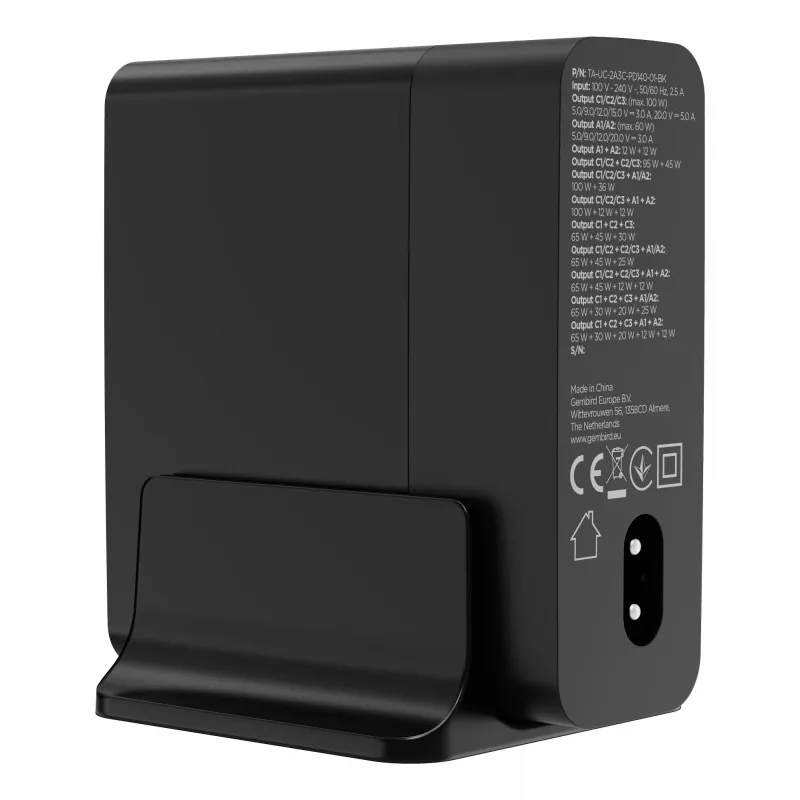 Gembird TA-UC-2A3C-PD140-01-BK GaN 5 prievadų USB-C ir USB-A greitasis įkroviklis, 140 W, juodas