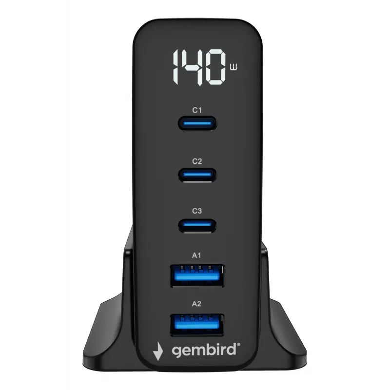 Gembird TA-UC-2A3C-PD140-01-BK GaN 5 prievadų USB-C ir USB-A greitasis įkroviklis, 140 W, juodas